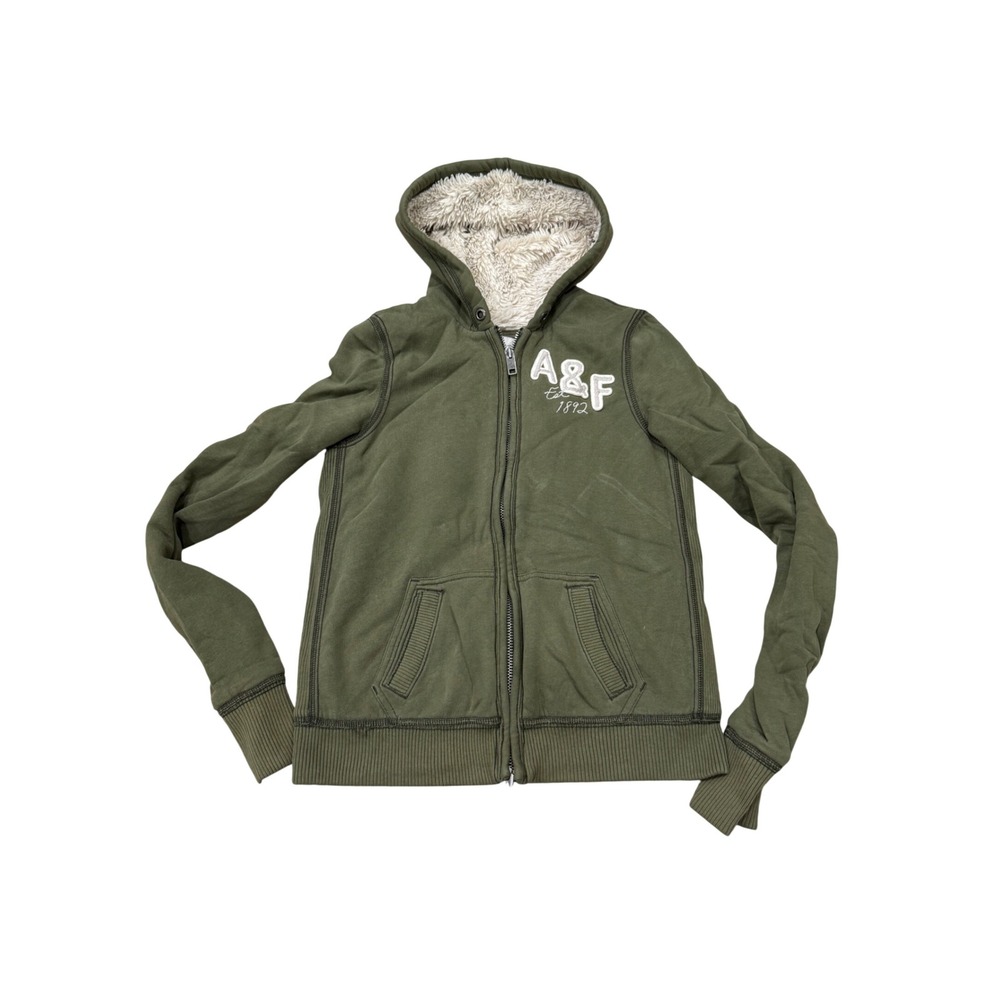 Abercrombie & Fitch Olive Green Faux Fur Lined Full Zip Logo Hoodie Mens Large